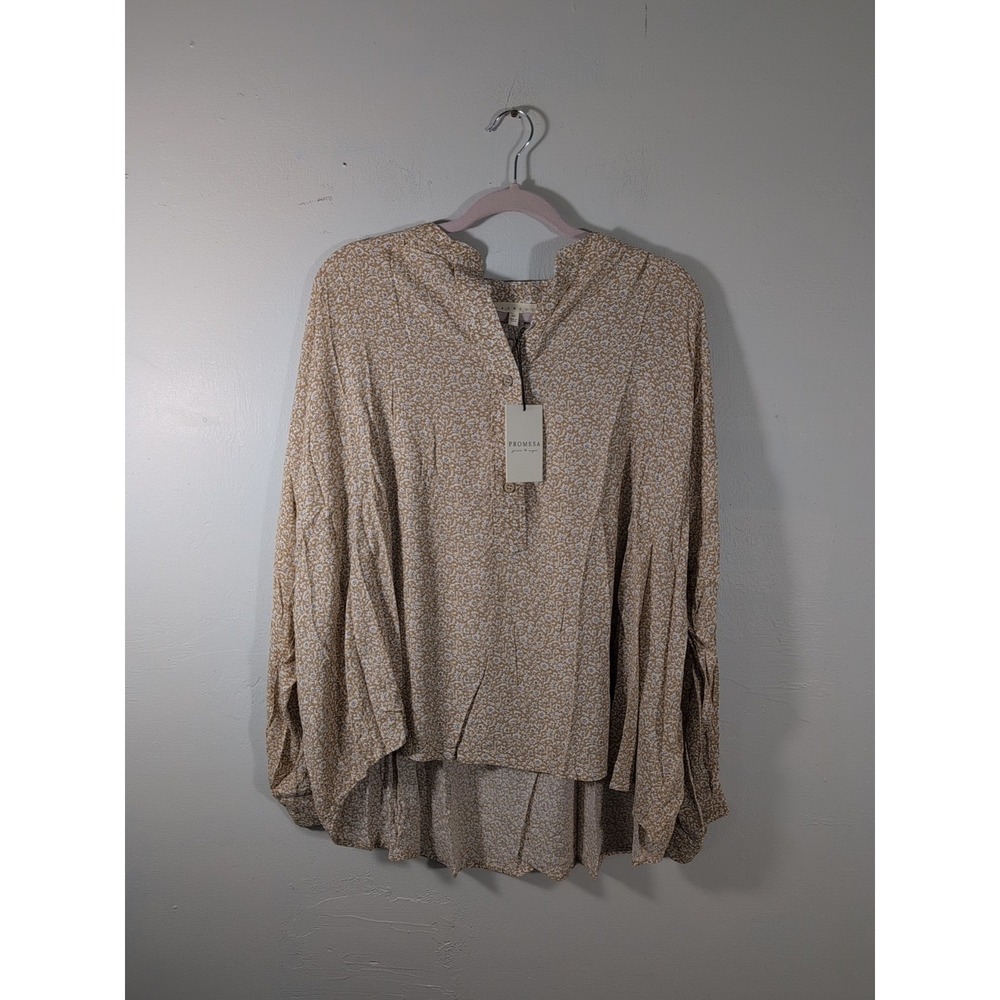Promesa‎ Boho Peasant Top Brown & Grey Floral Long Sleeve Blouse Medium New